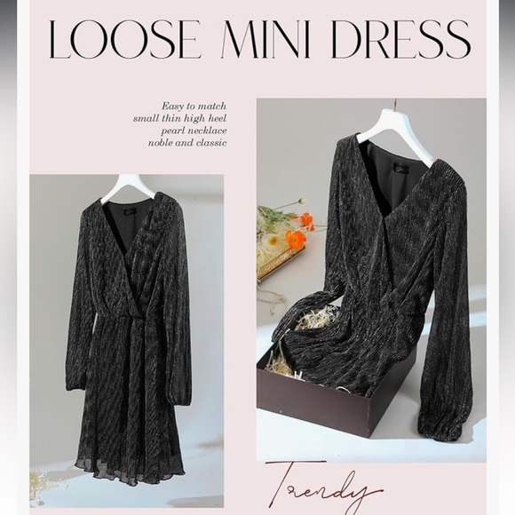 NWT Black Glitter Plissé Mini Dress V-Neck Long Sleeve Metallic Sparkle large - Picture 6 of 13